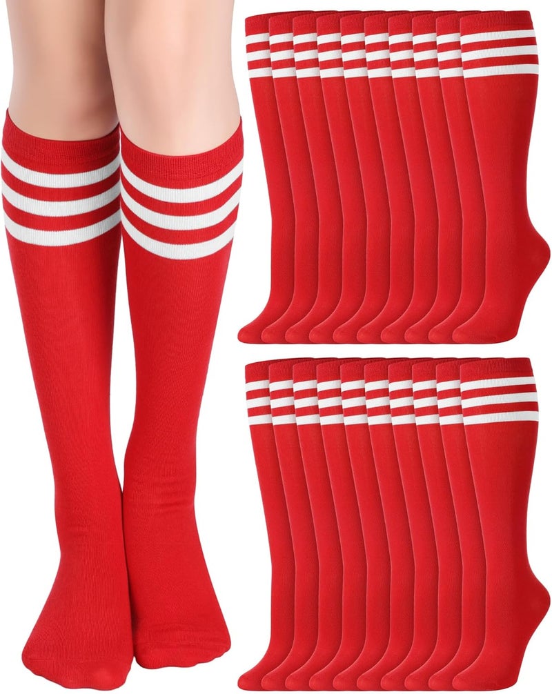 Chuarry 20 Pairs Red Knee High Socks for Women Classic Stripe Tube Outdoor Casual Athletic Socks Bulk for Cheerleading Activities Sport Spirit Event Wear - Image 1